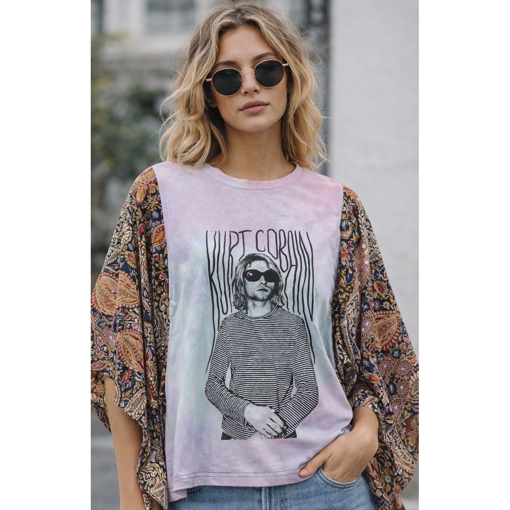 Kirt Coban Cropped‎ Band Tee Concert Paisley Boho Bell Sleeve One Of A Kind